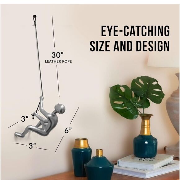 - Climbing Man Wall Art for Home Decor with 30” Leather Rope | Polyresin - Picture 6 of 6